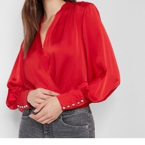 Express Red Satin Wrap Blouse with Pearl-Button Cuffs